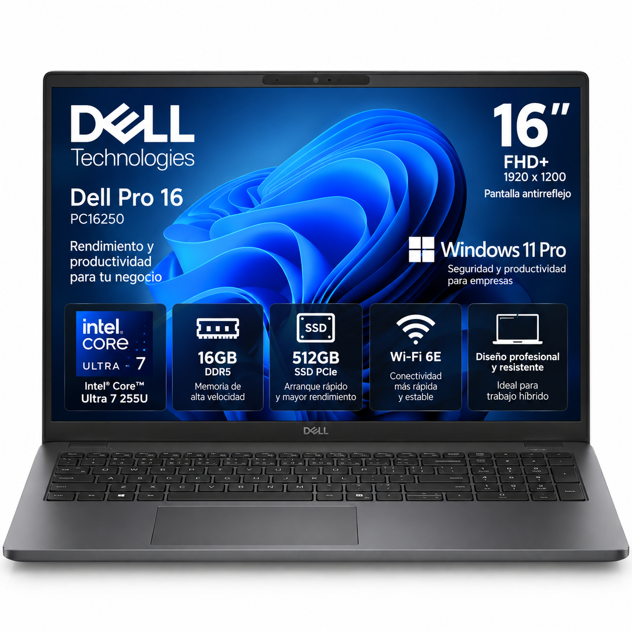 Dell Pro 16 PC16250 16 FHD plus Intel Core Ultra 7 255U 16GB DDR5 512GB SSD Wi Fi 6E Win 11 Pro